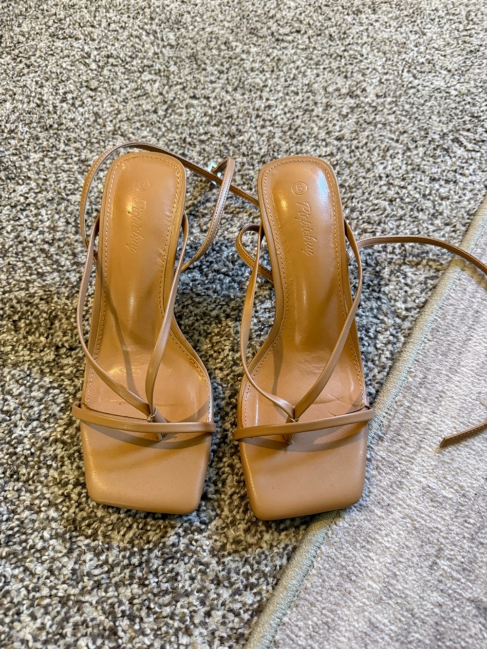 Amazon Strappy Square-Toe Heeled Sandals in Tan